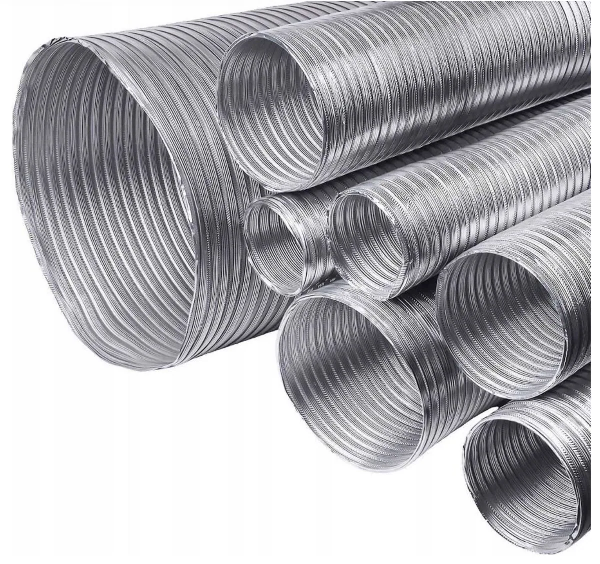 Półsztywny przewód Aluflex — rury aluminiowe z widocznym karbem spiralnym, różne średnice